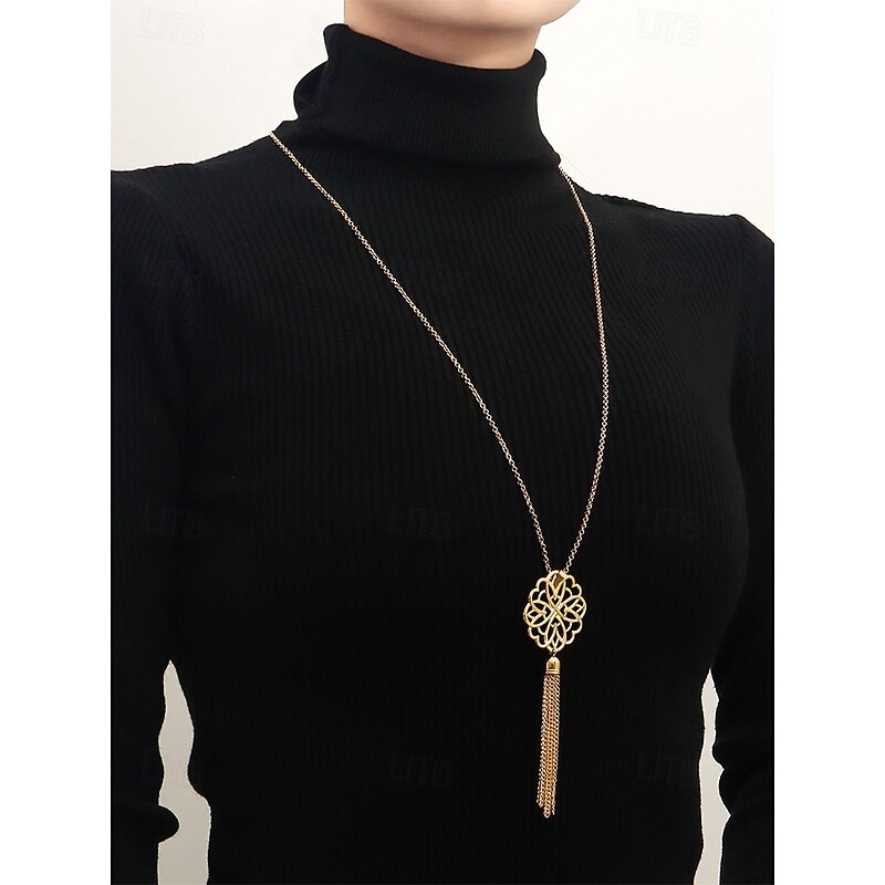 Women's Gold Long Pendant Necklace with Intricate Floral Design and Tassel Accent - Elegant Statement Jewelry for Casual and Formal Outfits2