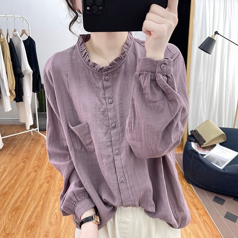 Women's Shirt Linen-Inspired Shirts Button Up Long Sleeve High Neck White Purple Orange Spring &  Fall