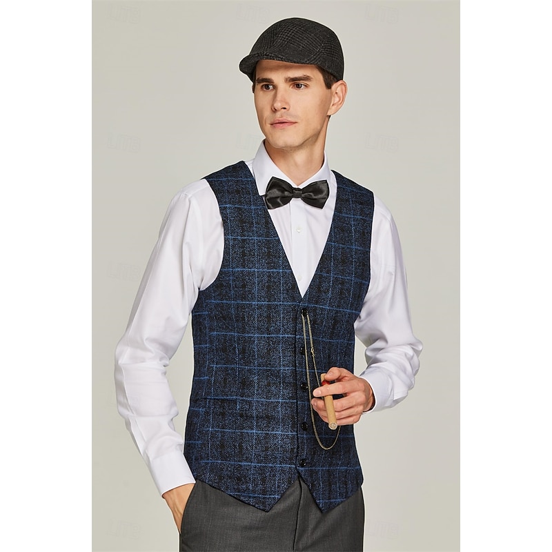Retro Vintage Roaring 20s 1920s Outfits Waistcoat Accesories Set Gentleman Gangster Plaid Check Fancy Dress Men's Carnival Costume 4 PCS Halloween Carnival New Year Masquerade Cocktail Party Theme3
