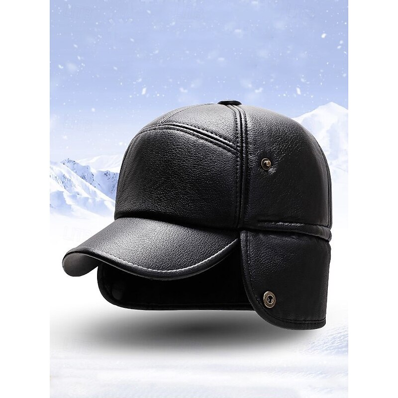 Men's Winter Faux Leather Baseball Cap – Warm Fleece-Lined with Ear Flaps, Stylish Black Cold Weather Hat for Outdoor Activities and Casual Wear3