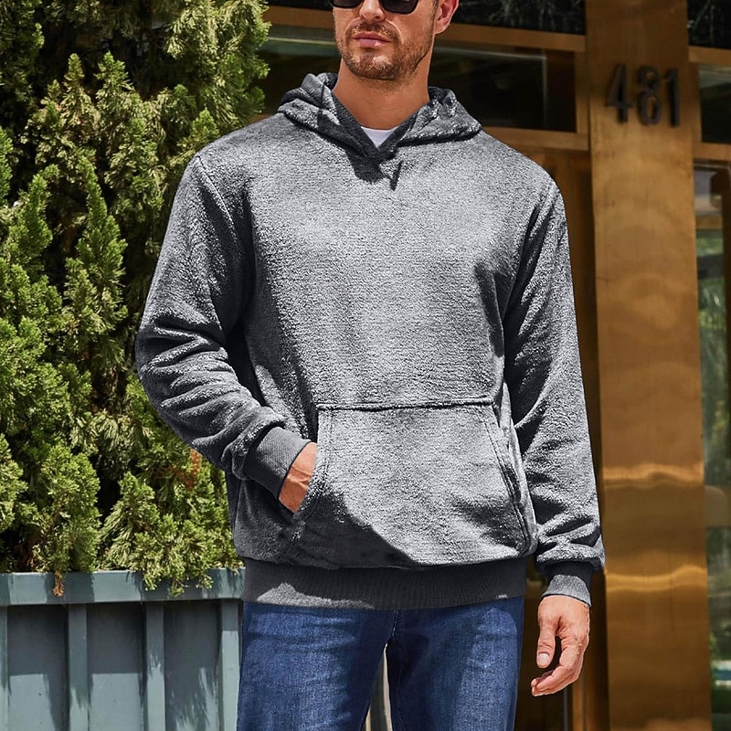 Men's Hoodie Fuzzy Sherpa Black Blue Brown Khaki Gray Hooded Plain Pocket Sports & Outdoor Daily Holiday Streetwear Cool Casual Spring &  Fall Clothing Apparel Hoodies Sweatshirts4
