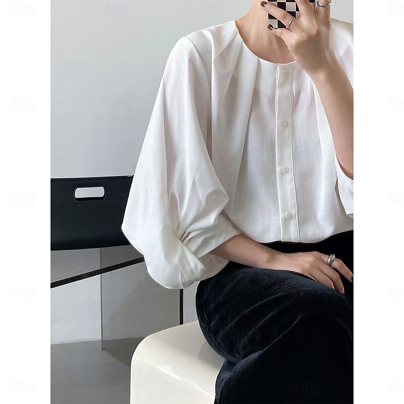 Women's Shirt Cotton Linen Shirt Daily Ladies Long Sleeve Lantern Sleeve Crew Neck White Green Gray Spring &  Fall4