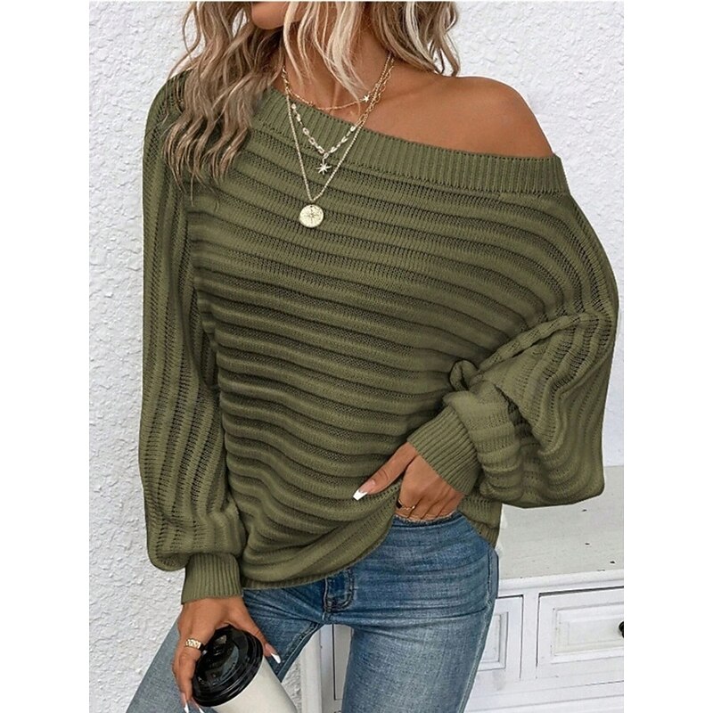 Women's Sweater Casual Soft Pure Color Ribbed Boat Neck Knitted Long Sleeve Regular Tops Knit Outdoor Daily Weekend Black White Fall Winter