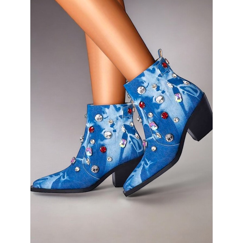 Women's Fashion Denim Ankle Boots – Rhinestone-Embellished Block Heel Western Style for Parties and Casual Outfits3