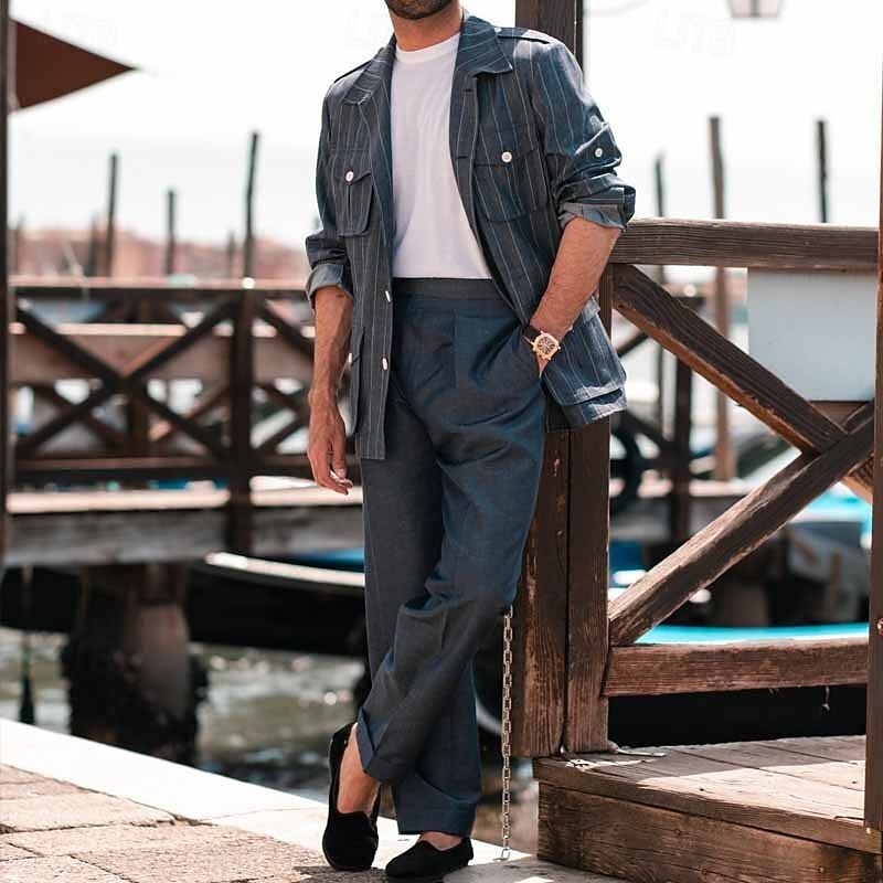 Men's Lightweight Jacket Shirt Jacket Formal Home Pocket Spring &  Fall Stripes Vintage Fashion Shirt Collar Regular Navy Blue Jacket4