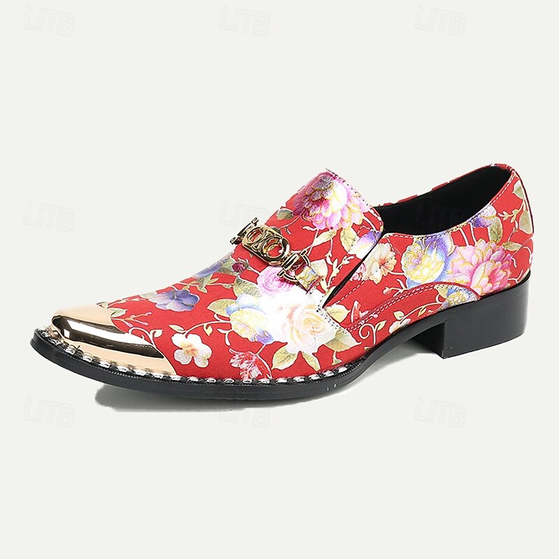 Men's Red Floral Leather Loafers with Metallic Cap Toe and Buckle Detail – Premium Cowhide Statement Shoes for Fashionable Outfits3