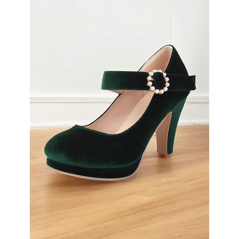 Women's Green Velvet Mary Jane Pumps with Pearl-Embellished Buckle - Vintage High Heels for Parties and Special Occasions