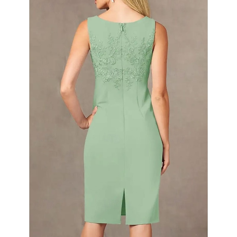 Two Piece Sheath / Column Dress Beach Wedding Suit Mother of the Bride Dress Simple Jewel Neck Knee Length Stretch Fabric Jacket Dresses with Embroidery Appliques Race Day Dress3