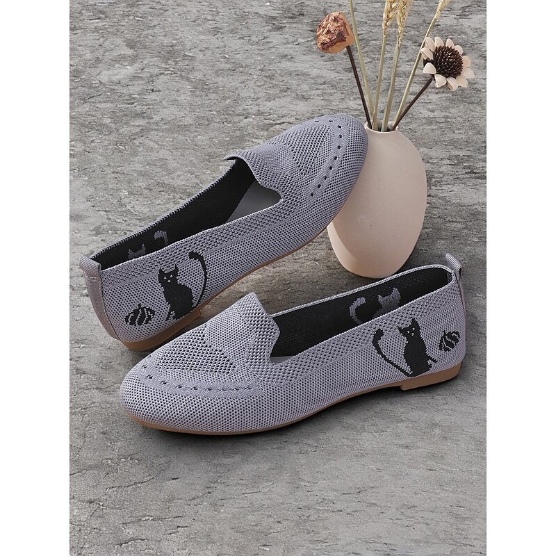 Women's Casual Knit Loafers with Black Cat Design – Breathable Slip-On Flats for Everyday Comfort3
