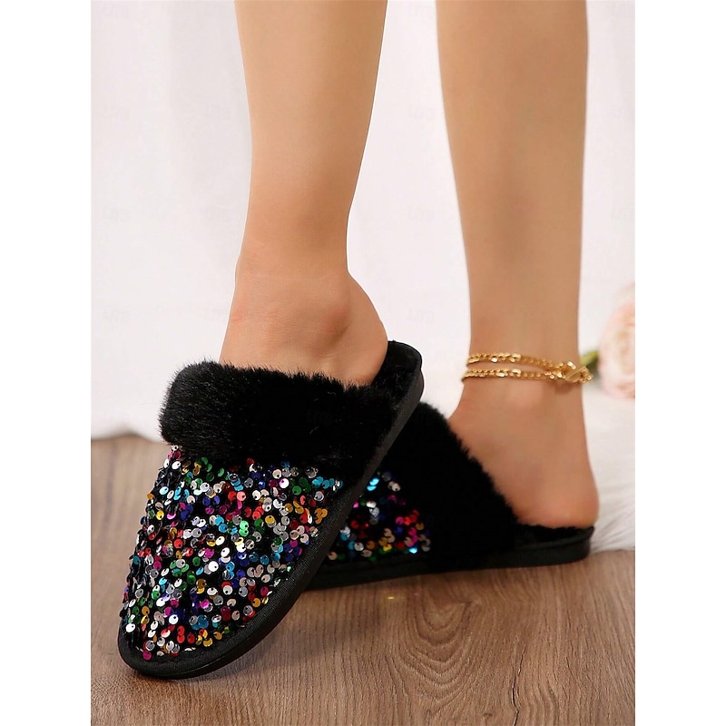 Women's Black Sequin Fur-Lined Slippers with Multicolor Sparkle and Comfortable Sole – Ideal for Indoor Luxury and Warmth4