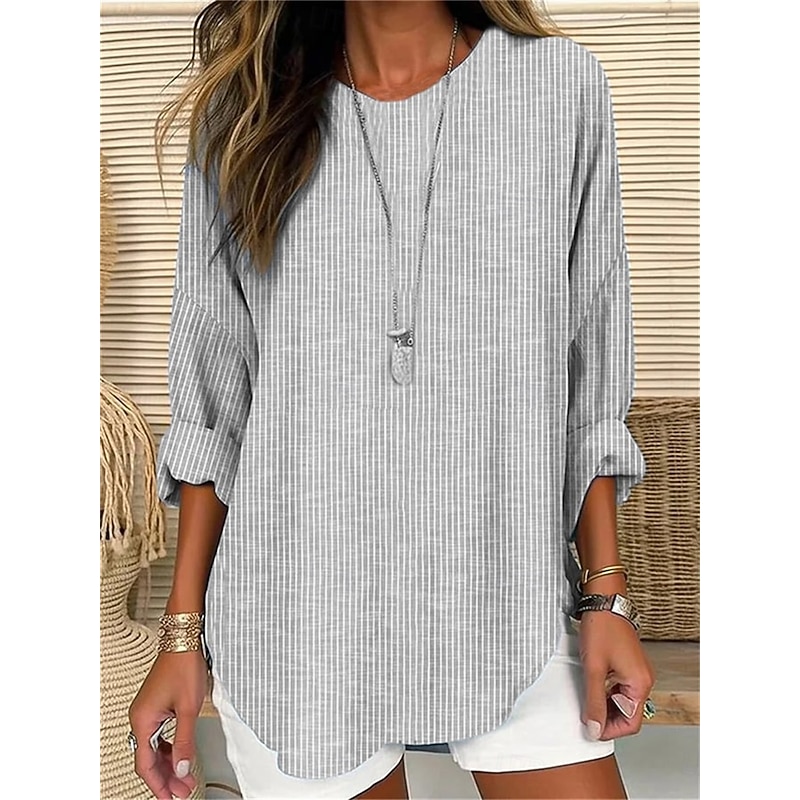 Women's Shirt Cotton Linen Shirts Striped Daily Stylish Modern Long Sleeve Crew Neck Vacation Party Daily Patchwork Blue Gray Spring Fall4