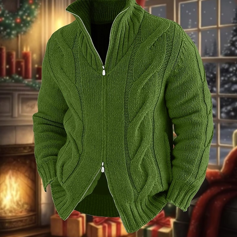 Men's Cardigan Sweater Zip Sweater Chunky Cardigan Cable Regular Knitted Plain Stand Collar Warm Ups Modern Contemporary Casual Daily Wear Clothing Apparel Fall Winter Black White M L XL