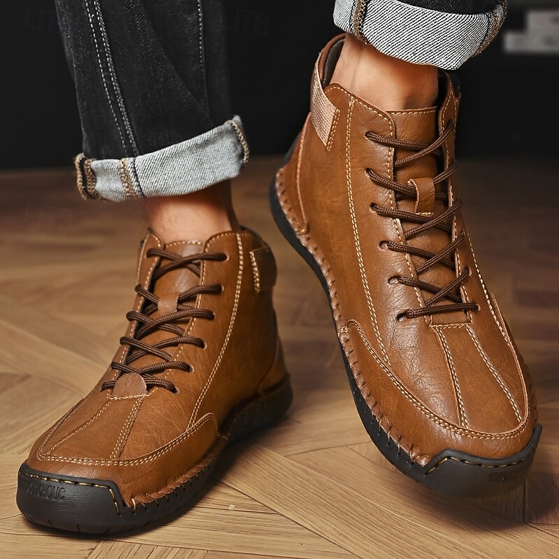 Men's Brown Faux Leather Casual Ankle Boots - Lace-Up Design with Adjustable Strap and Non-Slip Sole for Everyday Comfort3