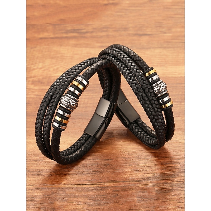 Men's Braided Leather Bracelet with Metal Bead Accents – Stylish Double-Layer Black Bracelet with Magnetic Clasp