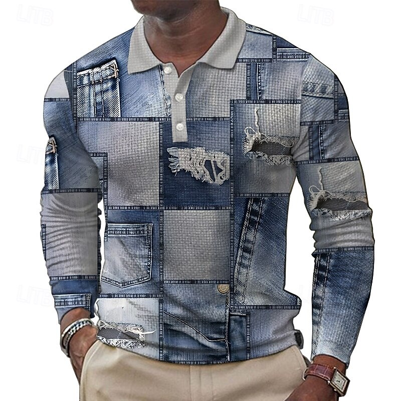 Men's Denim Waffle Polo Shirts Golf Shirt Long Sleeve Polo Shirts Collared Shirts Casual Business Casual Formal Outdoor Dailywear Buttons 3D Print Spring Fall Winter Blue