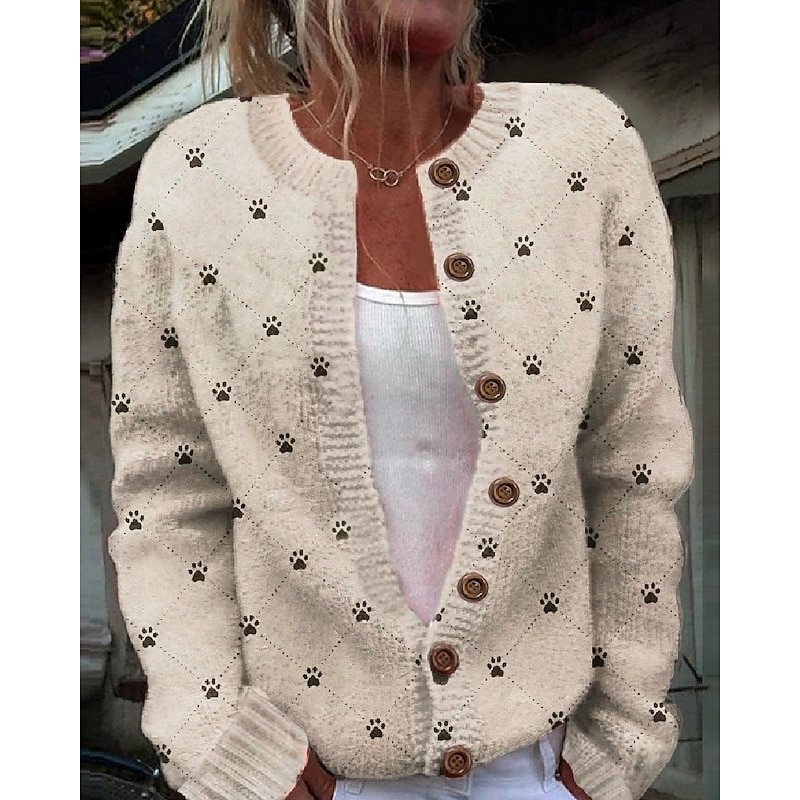 Women's Cardigan Sweater Knitted Ribbed Button Front Round Neck Long Sleeve Lightweight female Daily Graphic Crew Neck Print Regular Tops Knit Weekend Beige Fall Winter