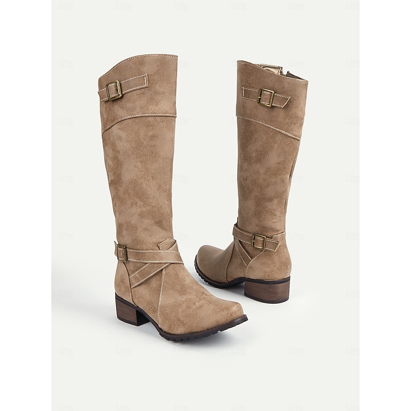 Women's Tan Knee-High Riding Boots – Faux Suede with Buckle Detail, Low Heel, and Rugged Sole for Fall & Winter Fashion3