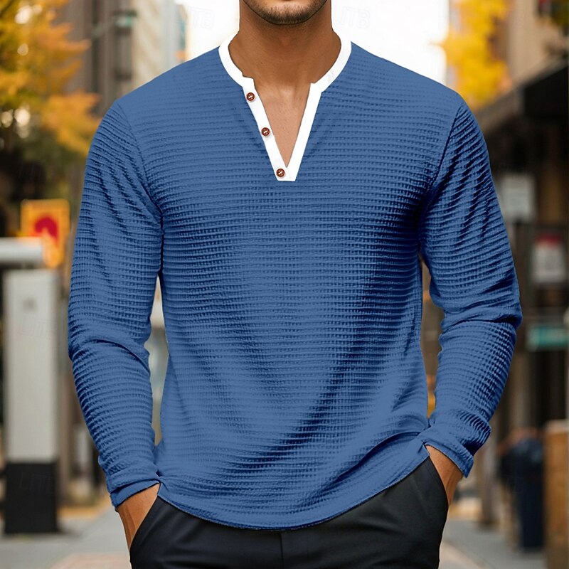 Men's Waffle Henley Shirt Tee Top Long Sleeve Shirt Long Sleeve Henley Summer Solid Color Fashion Designer Comfortable Buttons V Neck Outdoor Casual Daily Black White Blue Top Tee for Men3