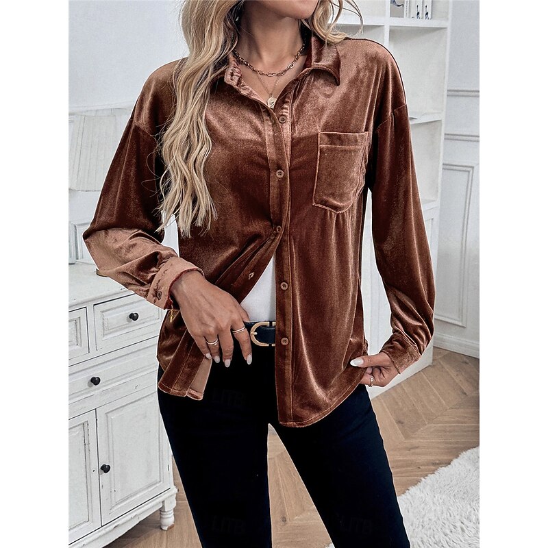 Women's Shirt Blouse Solid Color Basic Casual Long Sleeve Shirt Collar Regular Tops Daily Buttons Pocket Red Brown Green Fall Winter4