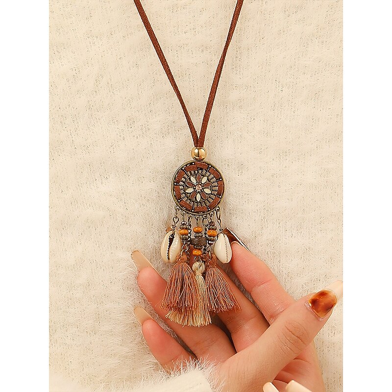 Women's Boho Tassel Necklace with Leather Cord and Dreamcatcher Pendant - Perfect for Festivals and Bohemian Style4