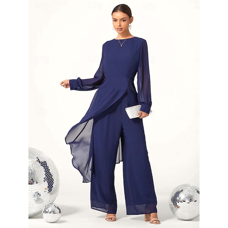 Women's Wedding Guest Jumpsuit Elegant Navy Blue Long Sheer Sleeve Wide Leg Chic Evening Party Wear Round Neckline Spring Summer Fall