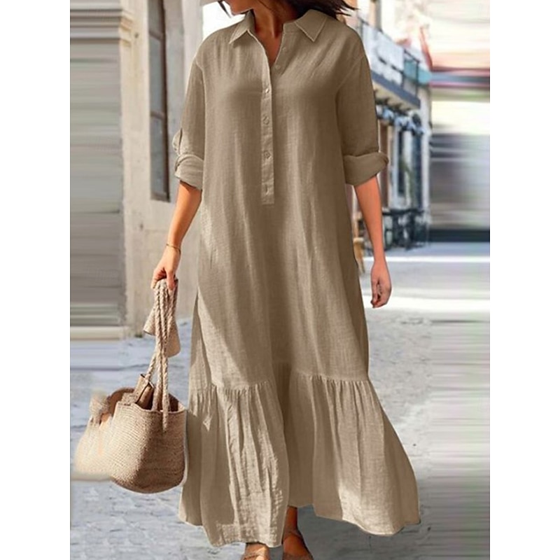 Women's Pink Navy Blue khaki Spring Fall Maxi Dress Linen-Inspired Dresses Cotton Linen Dress Fashion Casual Daily Date Regular Fit Shirt Collar