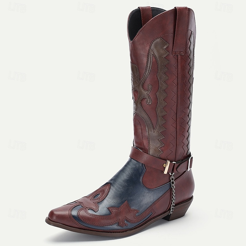 Men's Black Western Cowboy Boots Motorcycle Boots with Eagle Embroidery and Metal Chain Detail, Vintage Pointed Toe Boots for Riding and Casual Wear2