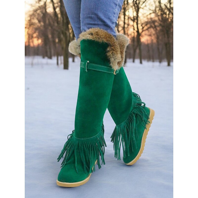 Women's Green Suede Moccasin Winter Boots with Fur Lining and Fringe Detail – Cozy Knee-High Snow Boots for Cold Weather 5