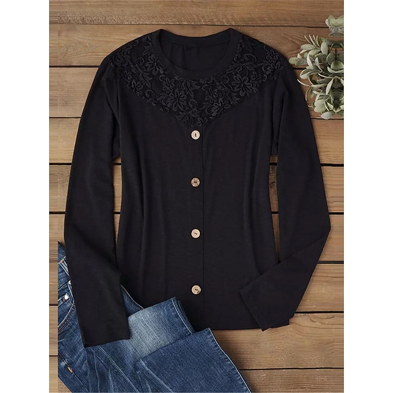 Women's Elegant Lace Tops Eyelet Sexy Blouse Casual Solid Color Regular Tops Long Sleeve Crew Neck Lace Patchwork Buttons Regular Fit Daily Black Romantic Petite Tops Summer Holiday Wear Evening Tops4