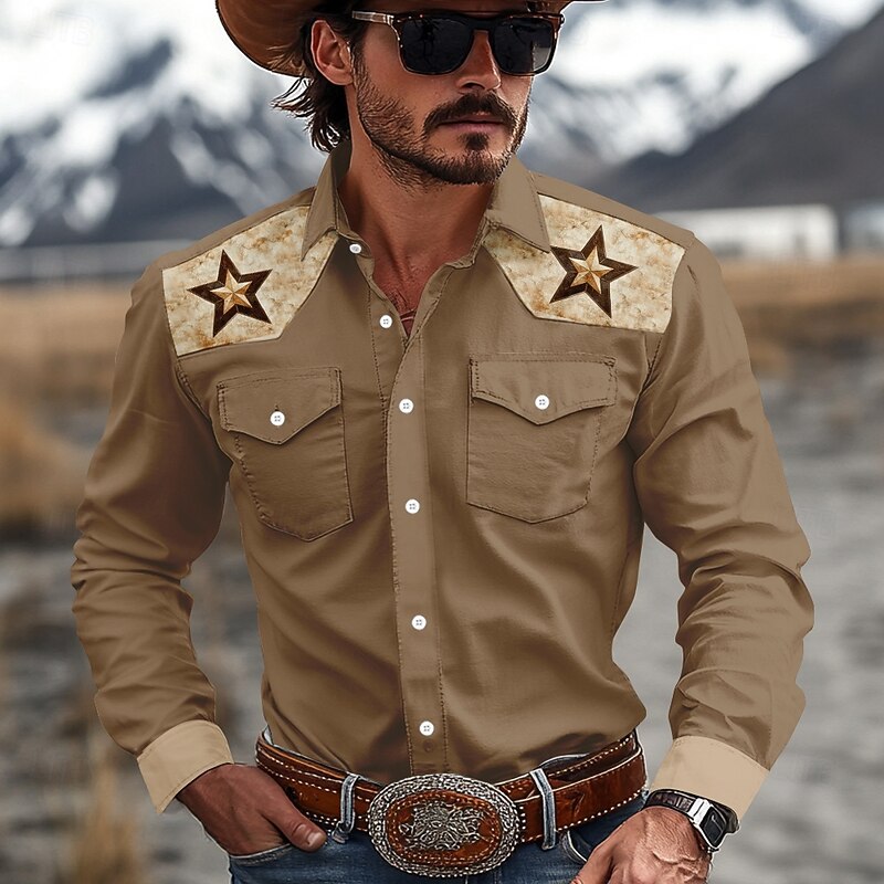 Men's Pentagram Western Shirt Cowboy Shirt Long Sleeve Western Sport Spring Fall Turndown Patchwork White Brown Green2