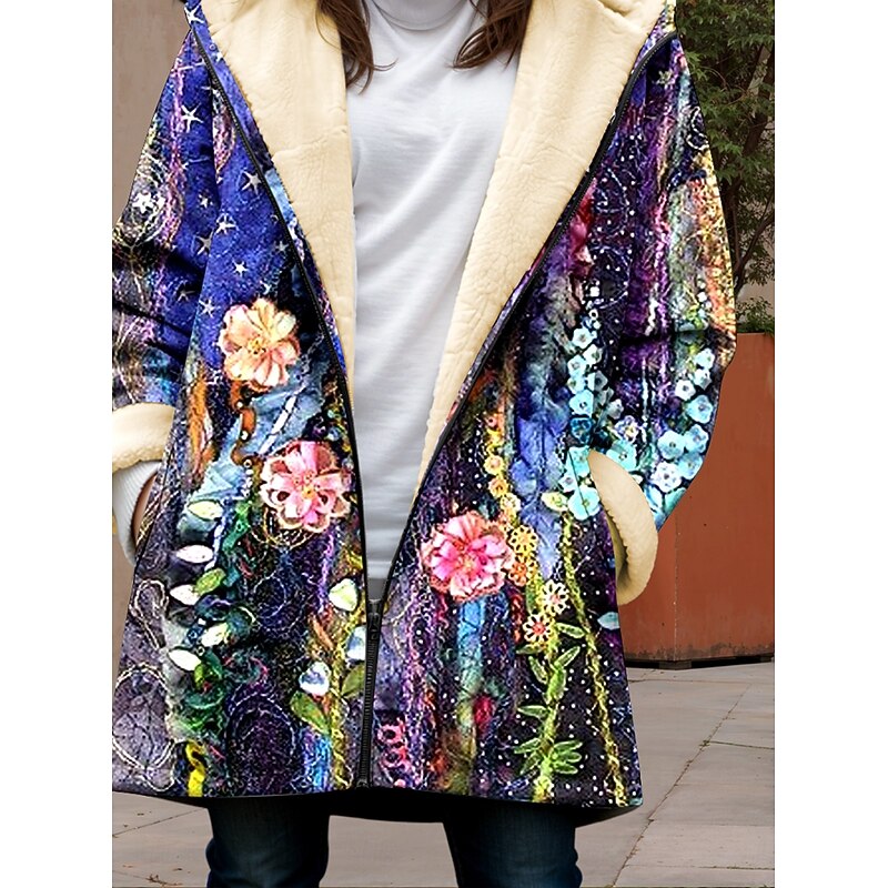Women's Fleece Jacket Teddy Coat Hoodie Jacket Warm Breathable Zipper Pocket Fleece Lined Casual Floral Vacation Street Daily Wear Going out Zipper Long Hoodie Loose Fit Long Sleeve Outerwear Purple3