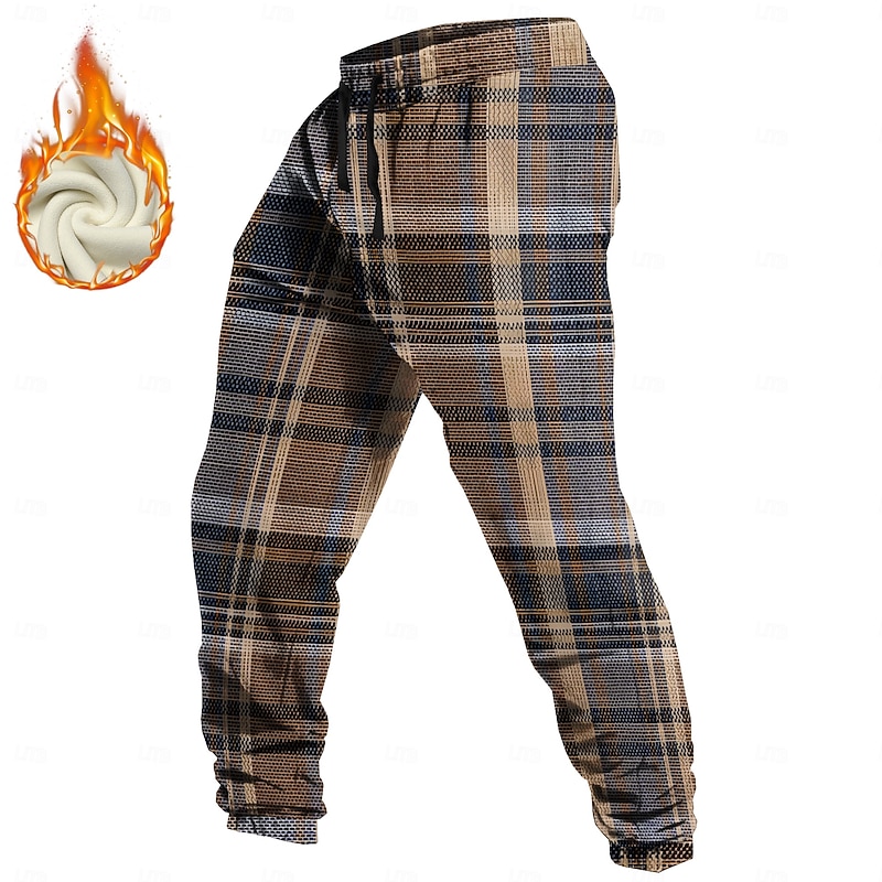 Men's Tartan Fleece Sweatpants Drawstring Elastic Waist Vintage Casual Outdoor Home Dailywear Pocket Thermal Winter 3D Print Brown