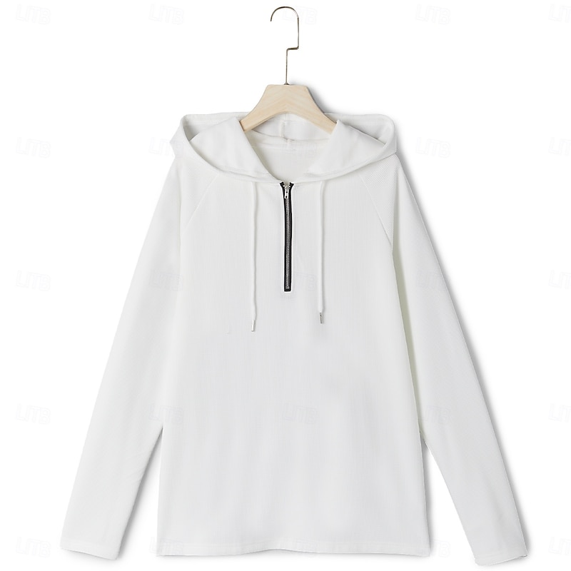 Men's Waffle T-shirt Zip Up Hoodies Long Sleeve Quarter Zip Winter Spring &  Fall Autumn Solid Color Active Casual Drawstring Hooded Outdoor Home Sports & Outdoor Black White Gray Top Tee for Men2