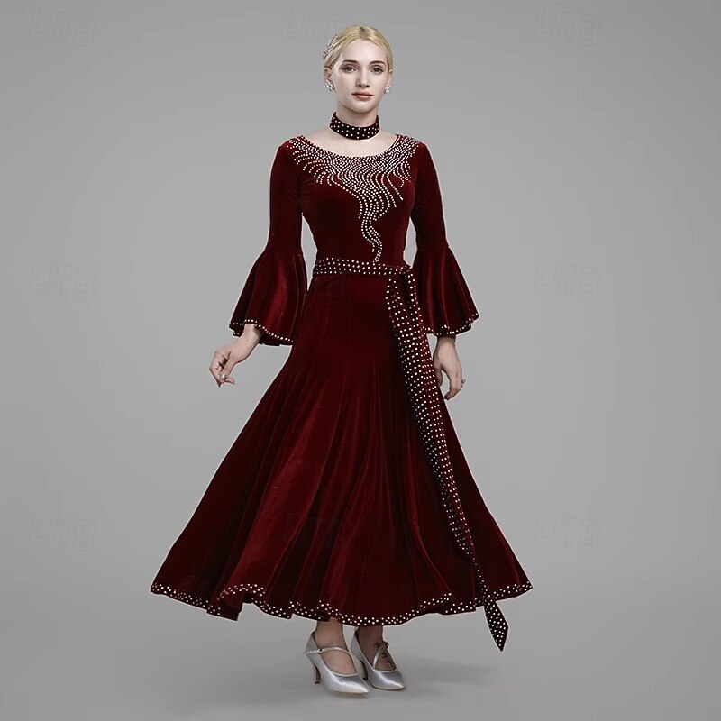 Ballroom Dance Dress Splicing Crystals / Rhinestones Women's Performance Party Long Sleeve Pleuche