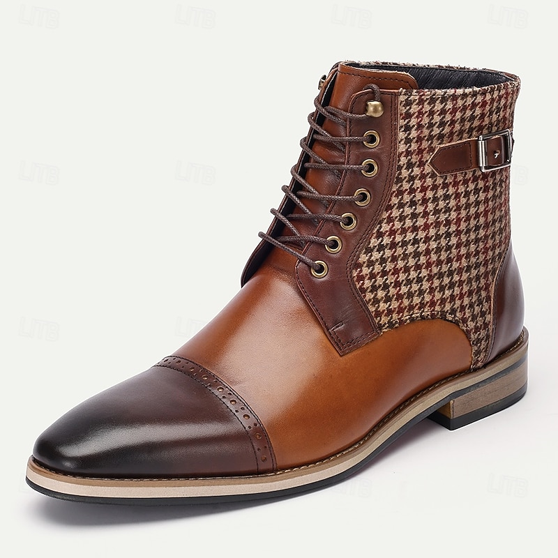 Men's Premium Cowhide Leather Ankle Boots – Vintage Houndstooth Pattern with Buckle Detail, Stylish Dress Boots for Formal and Casual Wear3