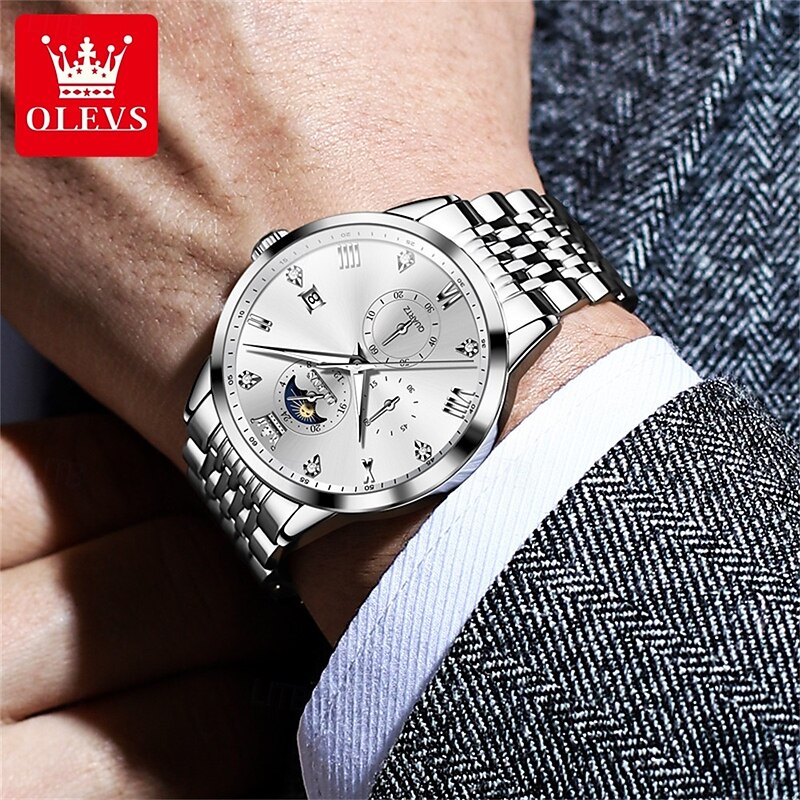 OLEVS Men Quartz Watch Fashion Casual Wristwatch Moon phase Luminous Calendar Waterproof Steel Watch4