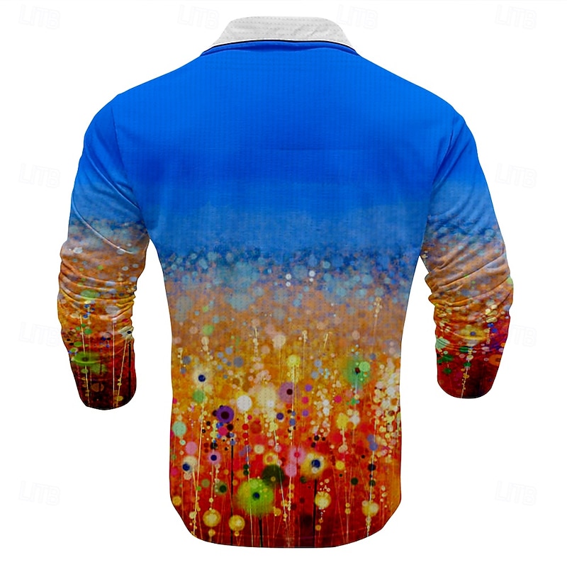 Men's Gradient Graffiti Waffle Polo Shirts Long Sleeve Polo Shirts Collared Shirts Casual Outdoor Party Evening Wear Streetwear Buttons Blue2