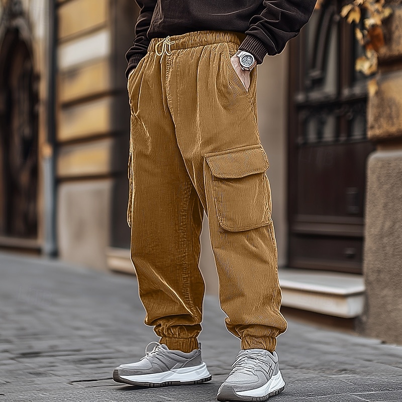 Men's Cargo Pants Corduroy Pants Trousers Jogger Pants Drawstring Elastic Waist Multi Pocket Plain Comfort Warm Full Length Outdoor Casual Daily Fashion Streetwear Black Blue4