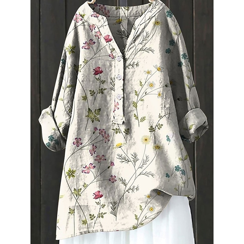 Women's Shirt Linen-Inspired Shirts Long Sleeve V Neck Rose Pink Gray Spring Fall