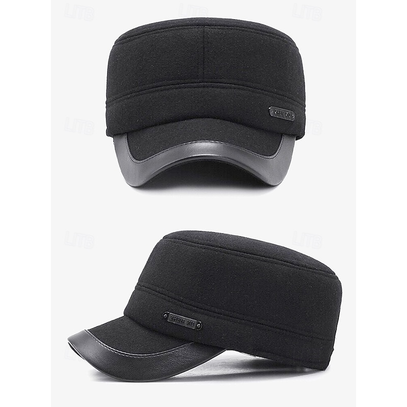 Men's Winter Earflap Cap – Black Faux Wool Blend Hat with Faux Leather Brim, Warm and Windproof Design4