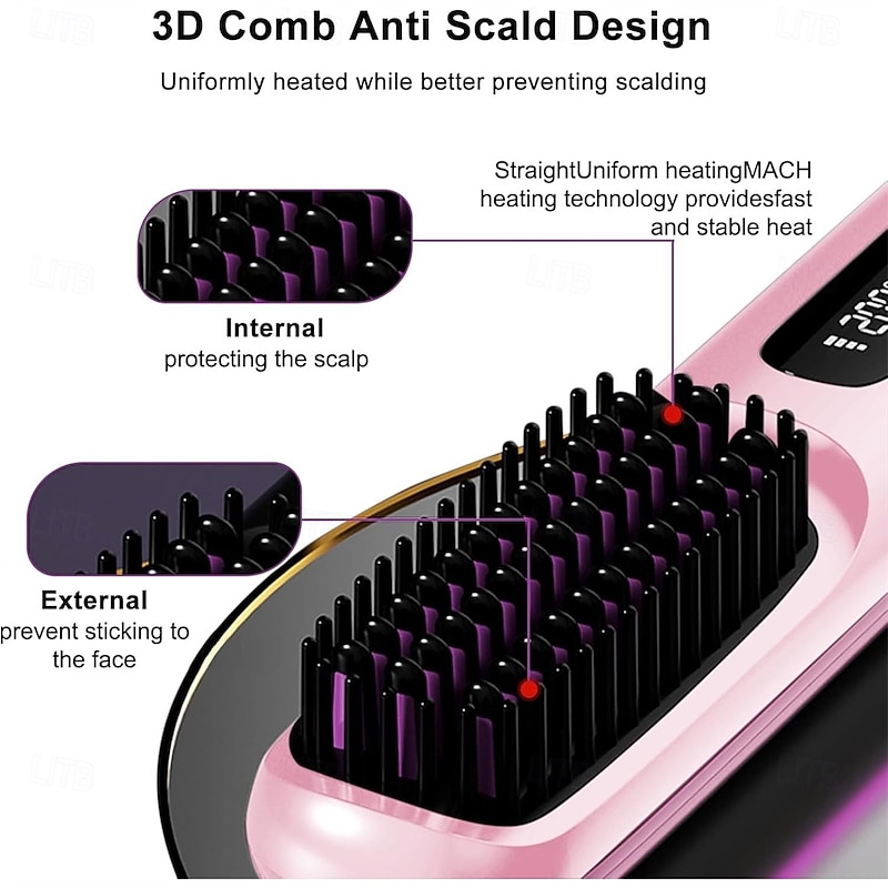 Cordless Hair Straighteners Hot Air Brush Negative Hot Comb Hair Straightener 20s Fast Heating Ceramic & Anti-Scald Design4