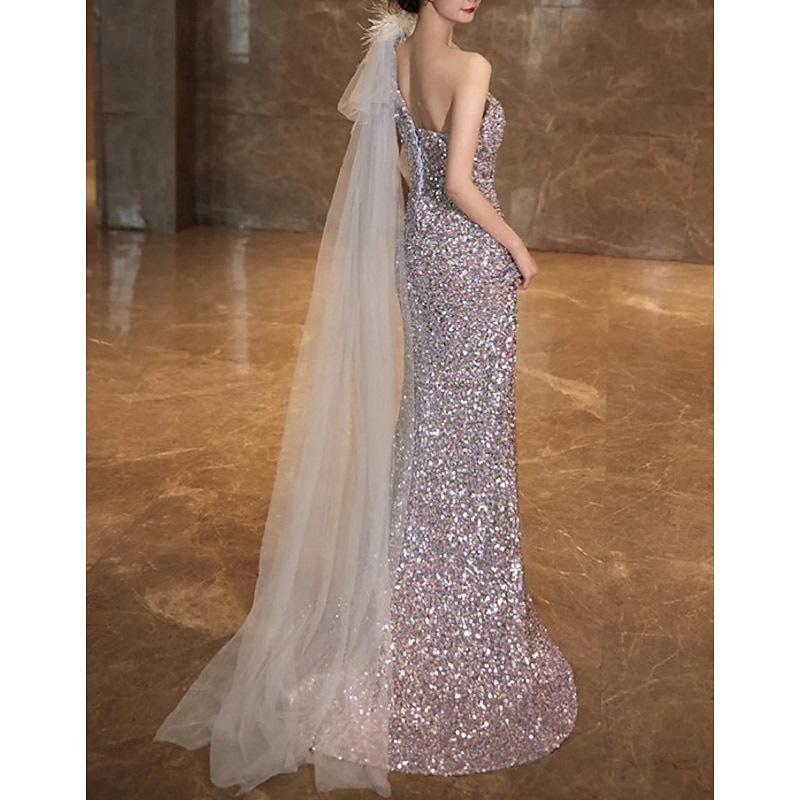 Mermaid / Trumpet Prom Dresses Elegant Dress Formal Wedding Sweep / Brush Train Sleeveless One Shoulder Tulle with Feather Glitter3
