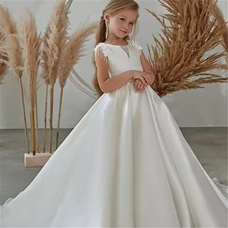 Flower Girl Dress Girls' First Communion Dress Party Dress Performance Wedding Party Princess Sweet Mesh Solid Color Sleeveless Crew Neck White 2-12 Years2