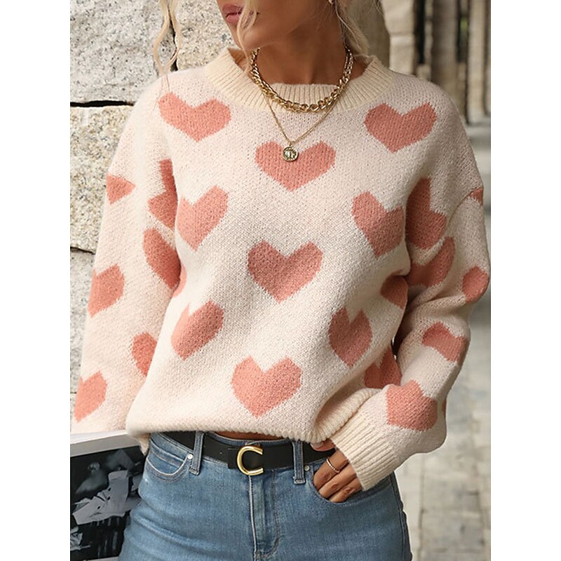 Women's Valentine Sweater Casual Soft Heart Ribbed Crew Neck Knitted Long Sleeve Regular Tops Knit Outdoor Daily Weekend Pink Fall Winter