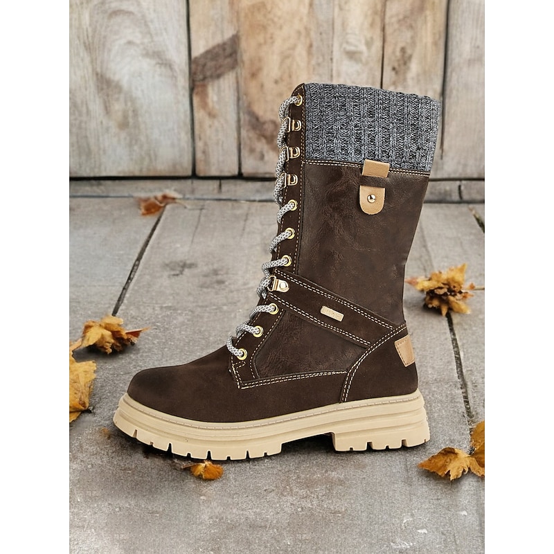 Women's Brown Lace-Up Winter Boots – Faux Leather, Knit Cuff Design, Insulated Lining, Rugged Sole for Cold Weather and Outdoor Adventures3