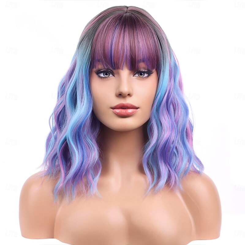 Wigs with Bangs Short Colorful Bob Wigs for Women Loose Wavy Wig for Women Girls2