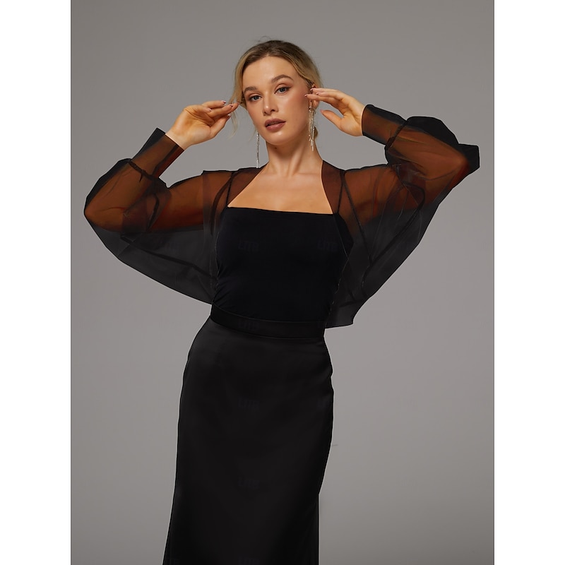 Mesh Bolero Sun Protection Long Puff Sleeve See Through Cover Up Shrug Tulle Bolero Bridal Organza Wedding Guest Fashion Women's Wrap  All-Match Spring & Summer dress to impress2