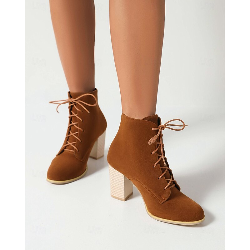 Women's Tan Lace-Up High Heel Ankle Boots with Block Heels – Stylish Vintage-Inspired Footwear for Fall and Casual Outfits2