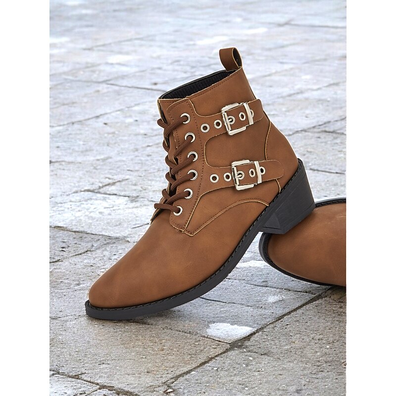 Women's Brown Lace-Up Ankle Boots – Stylish Combat Boots with Double Buckle Straps and Low Block Heel for Everyday Casual and Outdoor Wear