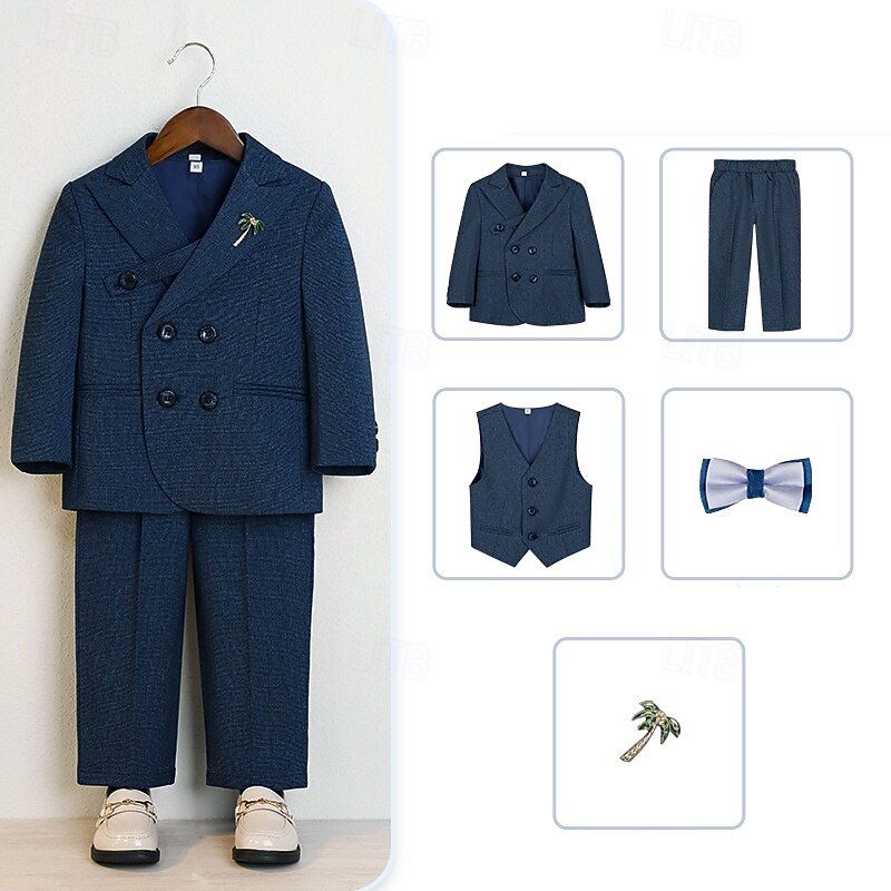 5 Pieces Ring Bearer Suit Boys Kids Suit Formal Suit Blazer & Vest & Pants & Brooch & Tie Formal Party Valentines Fashion Cool Solid Color Pocket Navy Blue Light Blue Polyester2